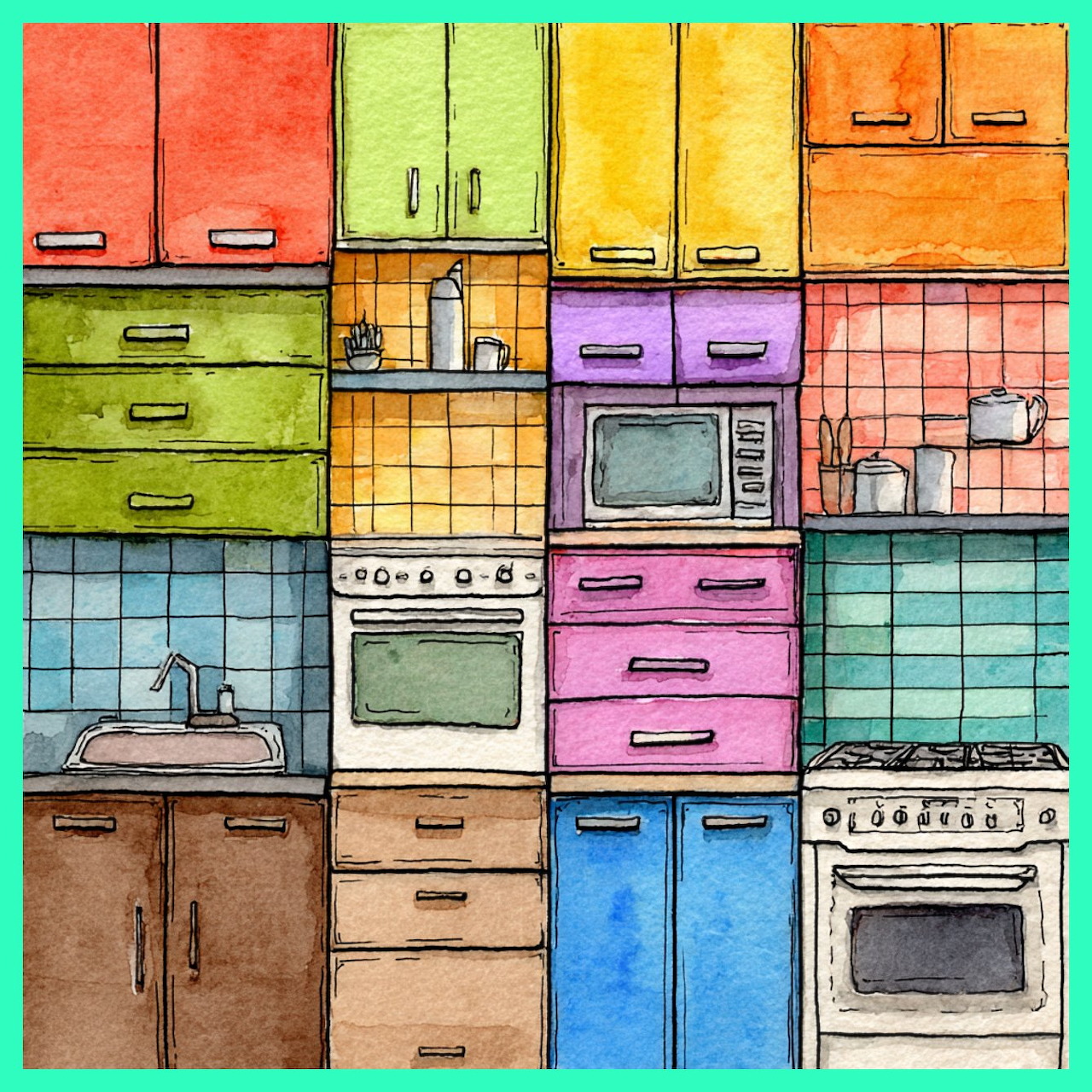 Colorful illustrated kitchen with rainbow cabinets, appliances, and tile backsplash in watercolor style