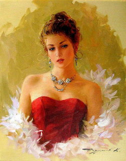 Painting of elegant woman in red strapless dress with white feather boa and jeweled necklace