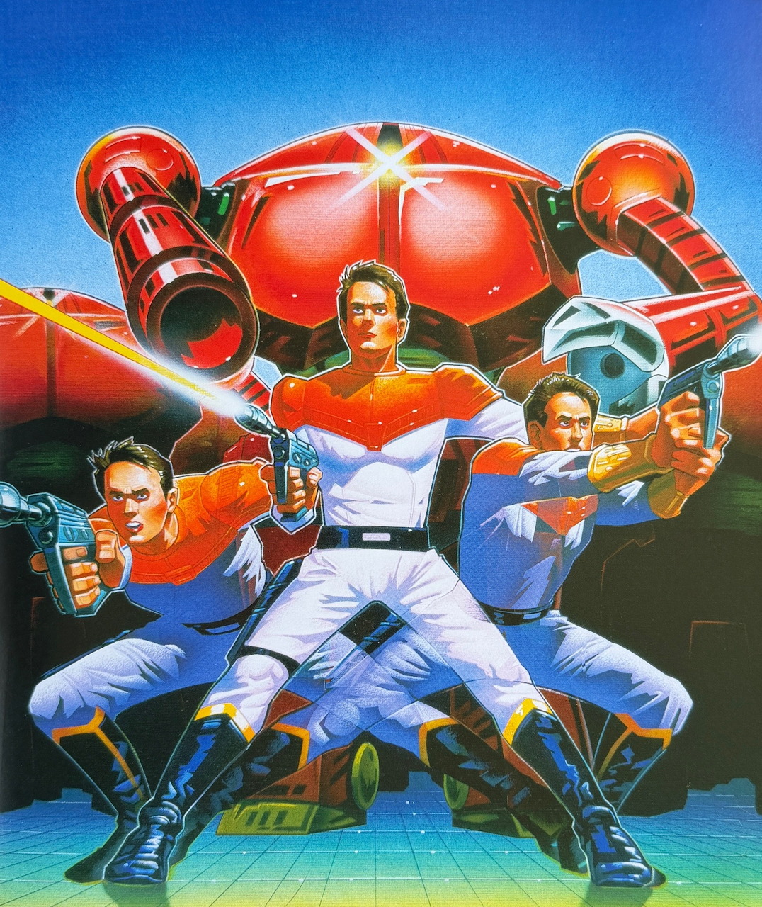 Three uniformed youths with ray guns posed in front of a large red retro-futuristic spacecraft