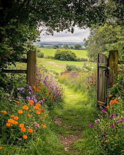 Open wooden garden gate with colorful wildflowers leading to green countryside fields