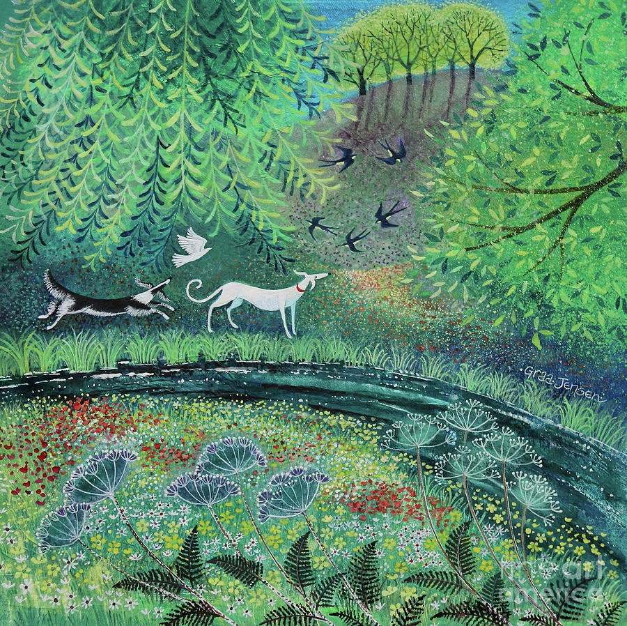 Stylized painting of a white dog and birds in a green forest beside a pond with dense plants