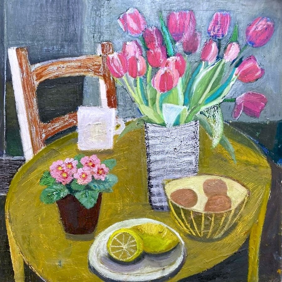 Tulips, Eggs, Lemons and Cyclamen Tablescape
