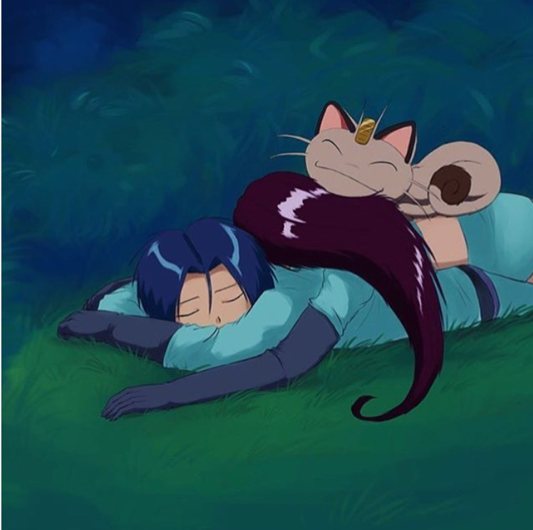 Anime characters from Team Rocket sleeping together with Meowth curled up on top
