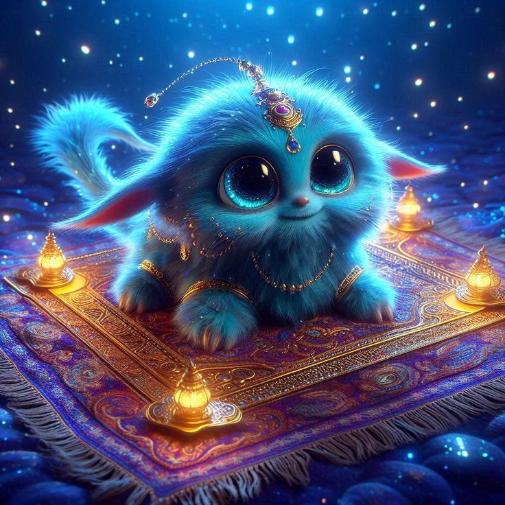 Fluffy blue fantasy creature with large eyes on an ornate carpet surrounded by glowing lamps