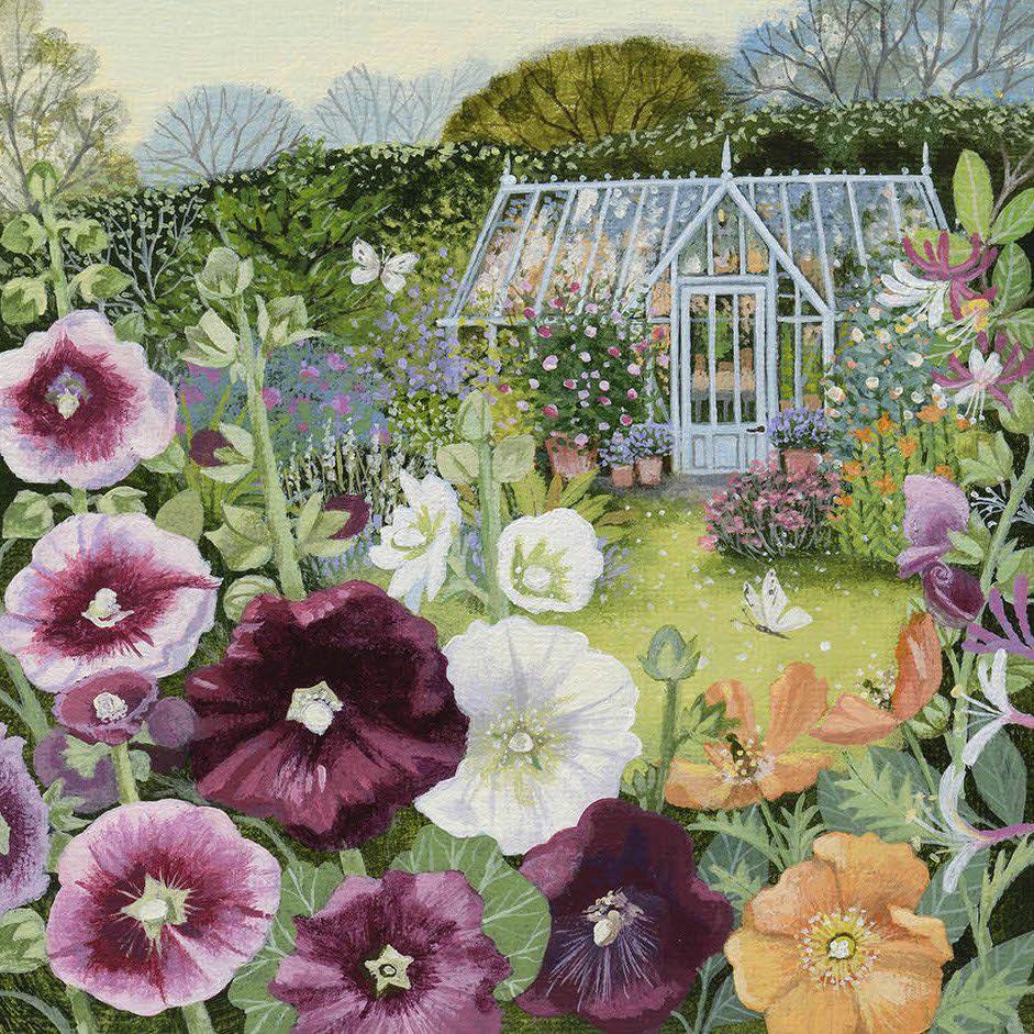 Painting of a colorful flower garden with a glass greenhouse and two white ducks