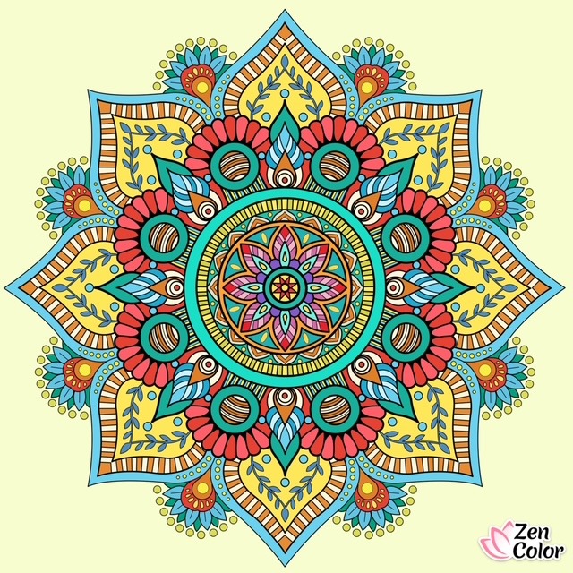 Symmetrical mandala with intricate floral and geometric patterns in vibrant colors on pale yellow background