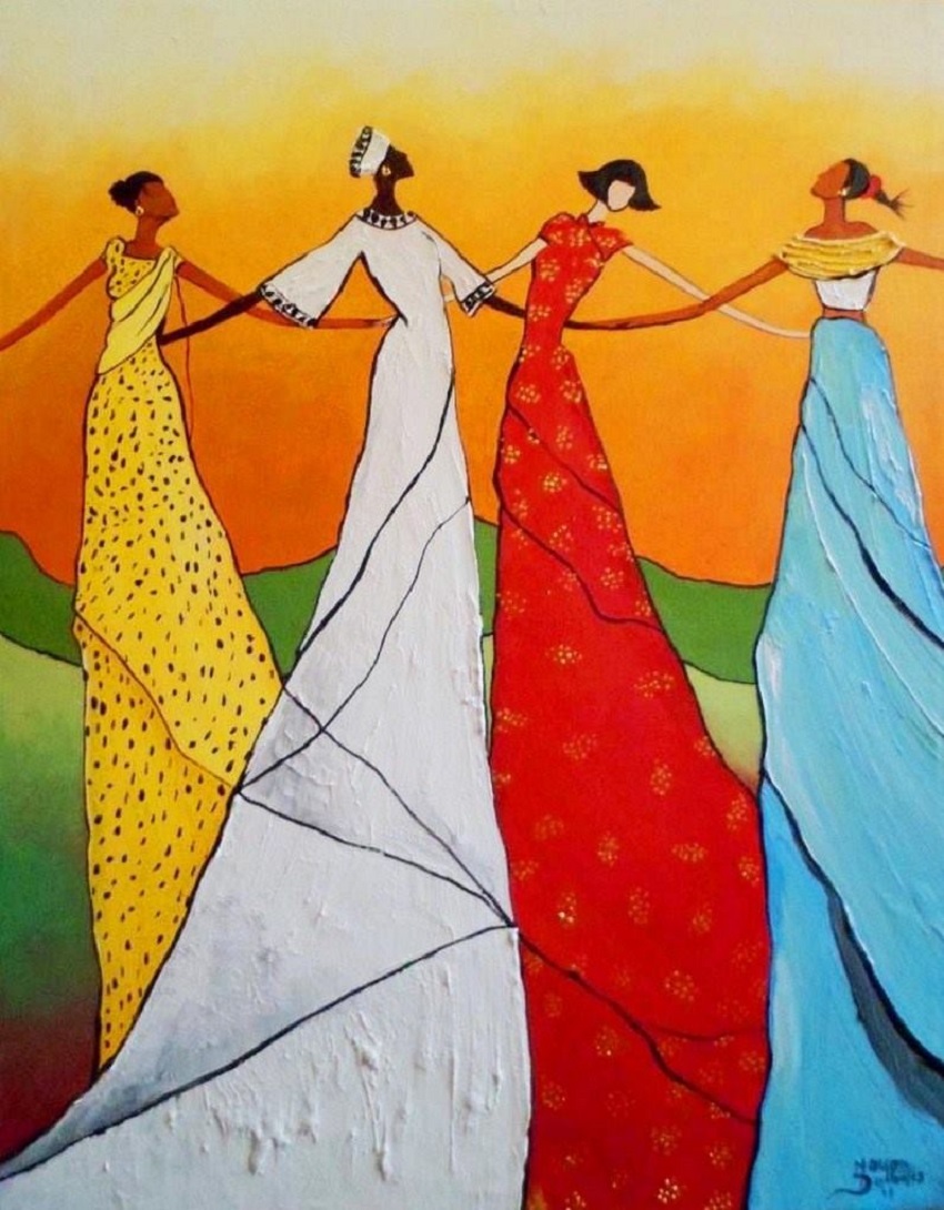 Four women in yellow, white, red, and blue dresses holding hands against an orange sunset sky