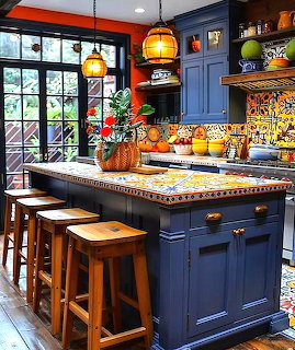 Colorful southwestern kitchen with blue island, patterned tile backsplash, and orange pendant lights