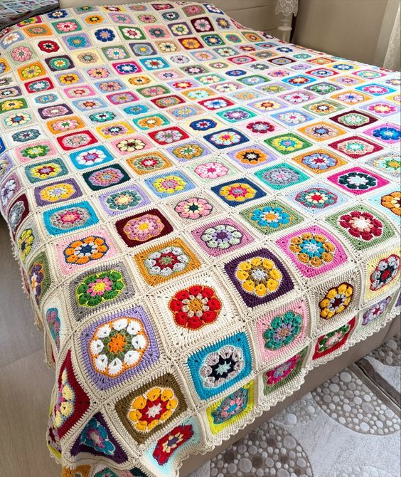 Colorful crocheted patchwork blanket covering a bed in a bedroom