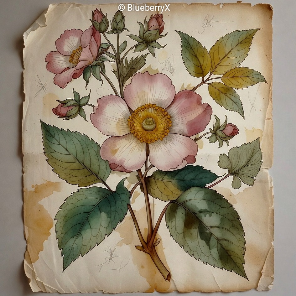 Vintage botanical drawing of pink wild rose flowers with green leaves on aged paper