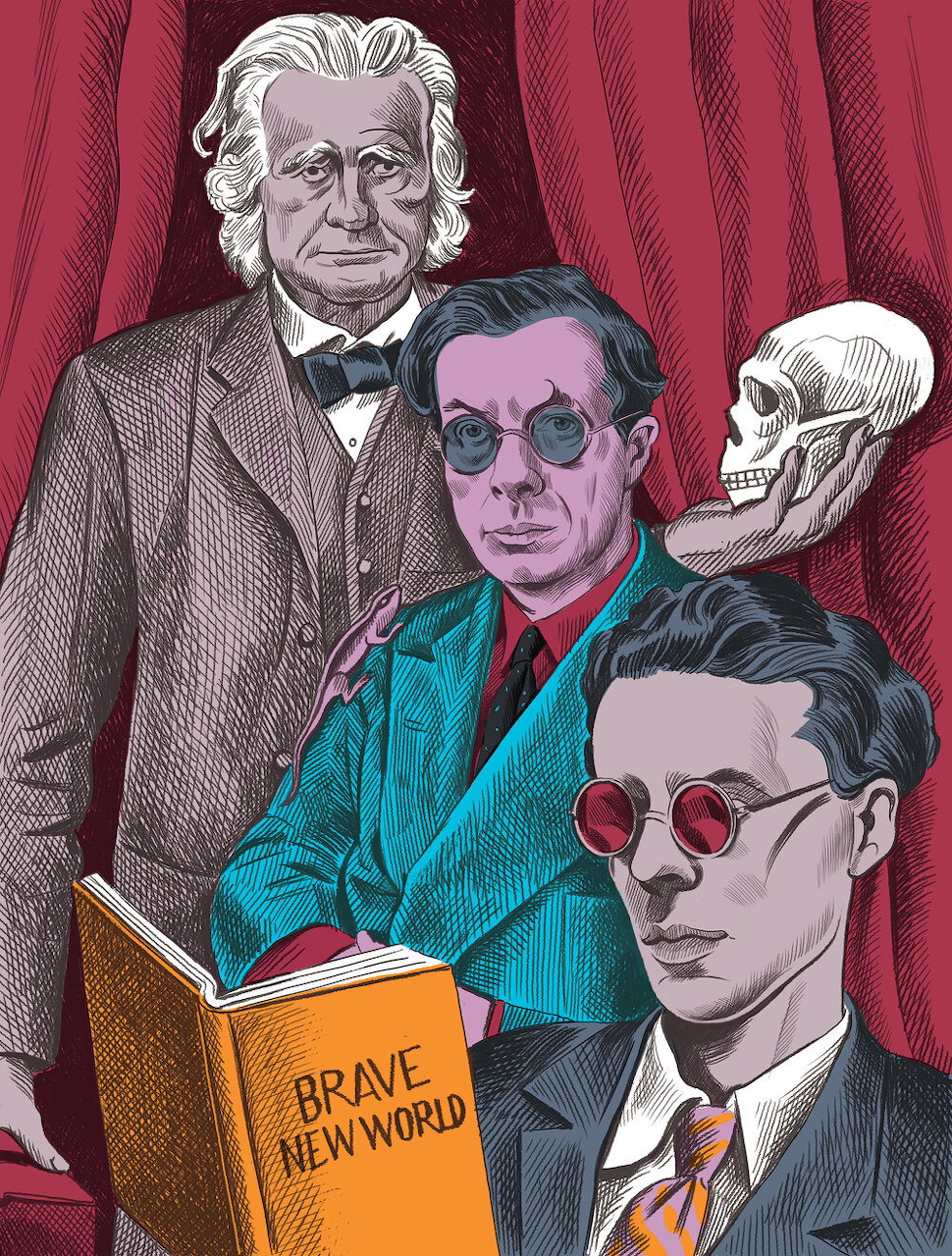 Illustration of three men in formal attire, one holding a skull, another reading Brave New World, with red curtains behind