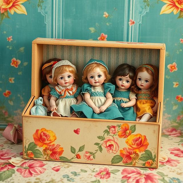 Four vintage dolls with porcelain faces sitting in a floral box against turquoise wallpaper