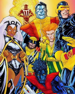 Vibrant comic art showing X-Men superheroes in yellow, blue, and red costumes standing together as a team