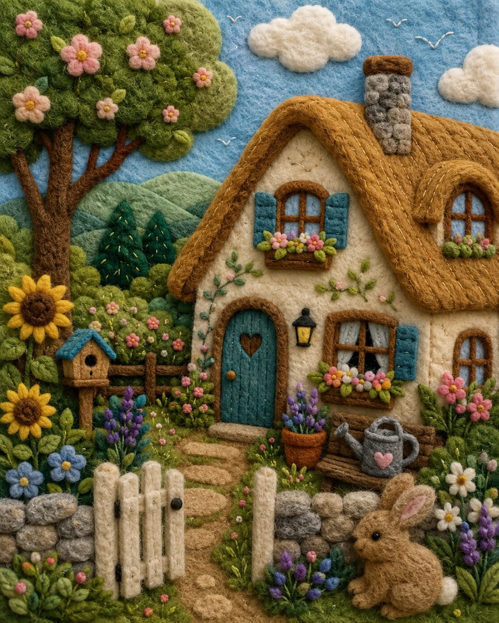 Felt art cottage with flowers, a tree, stone fence, and a rabbit in a garden