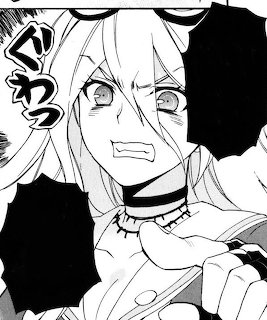 Black and white manga panel of Miu Iruma from Danganronpa with a shocked expression wearing choker