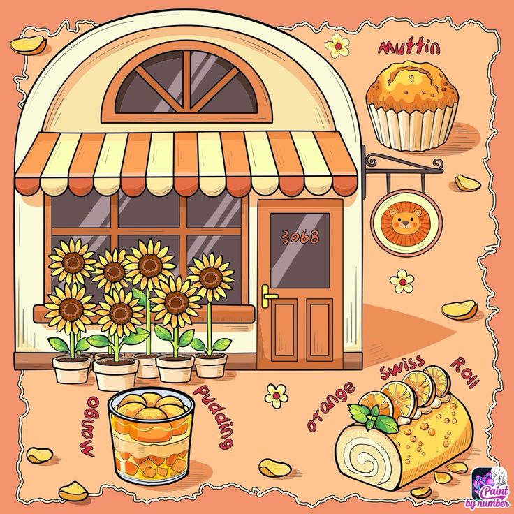 Illustrated bakery storefront with striped awning, sunflowers, and baked goods on peach background