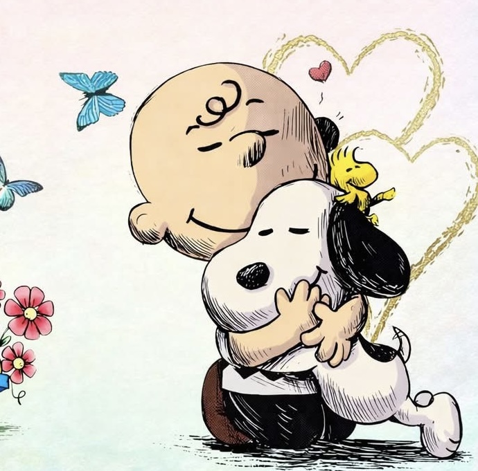 Charlie Brown hugging Snoopy with hearts and butterflies