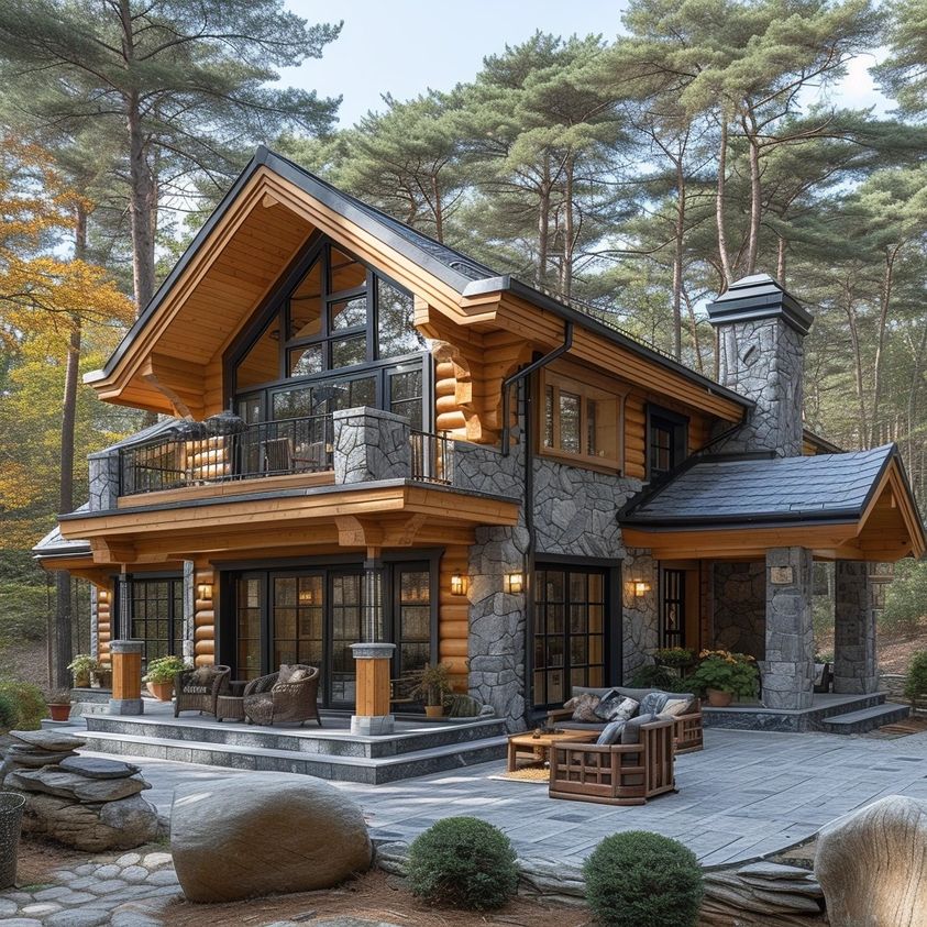 Two-story log cabin with stone chimneys and deck in pine forest