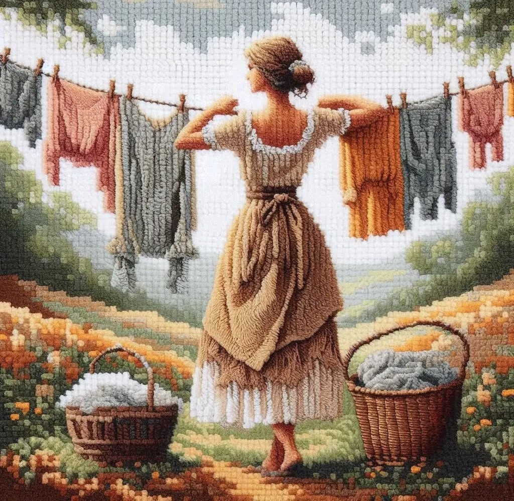 Woman Hanging Laundry in Garden