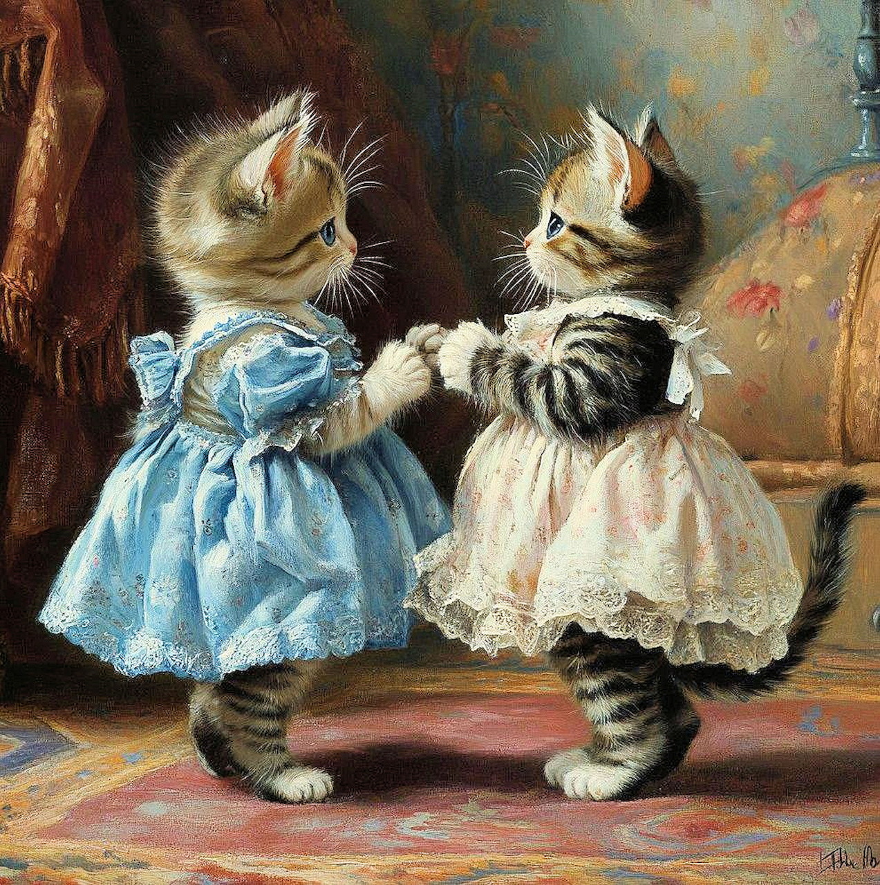 Painting of two kittens in blue and white dresses holding paws while standing upright indoors