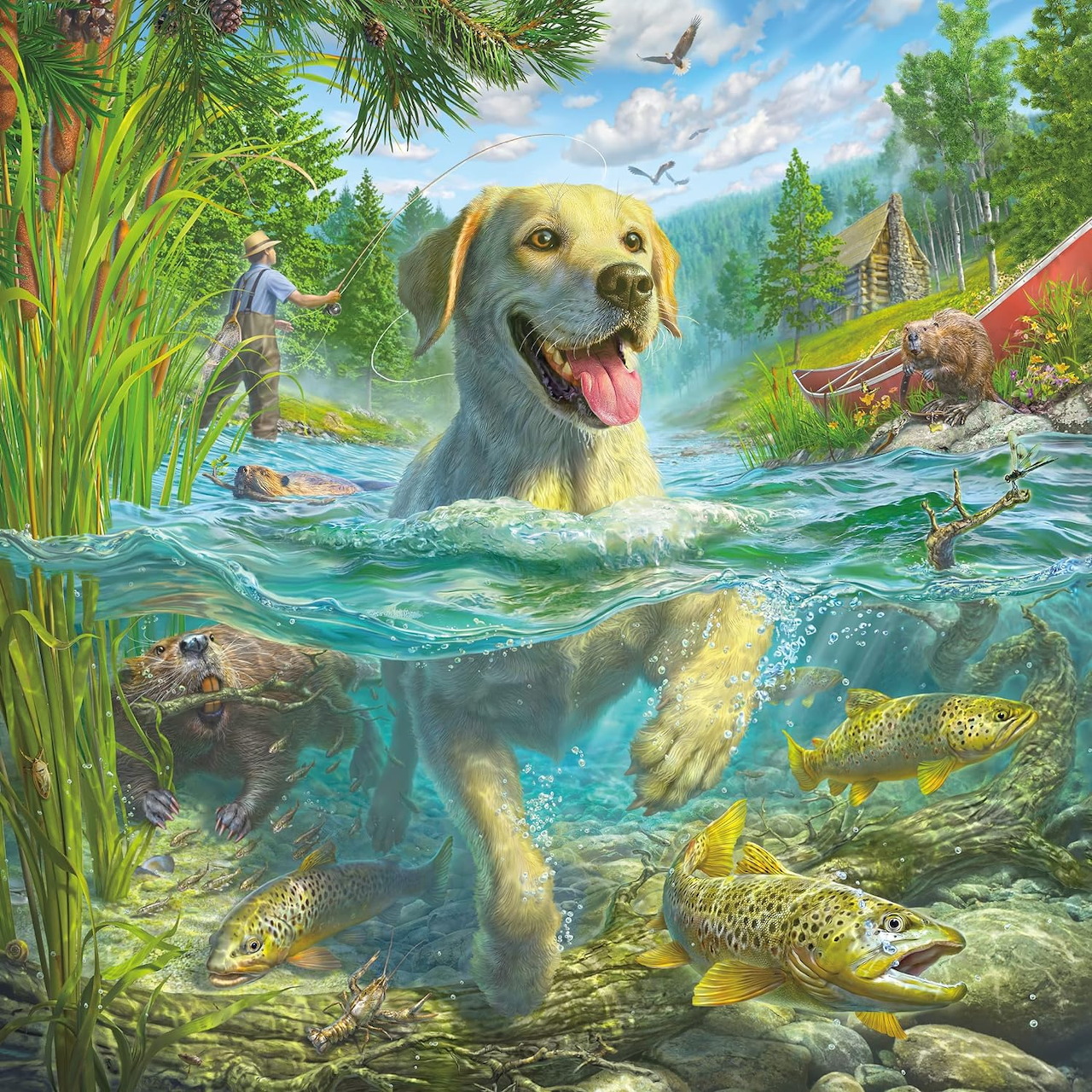 Happy golden retriever swimming in lake with fish visible underwater, birds and nature around