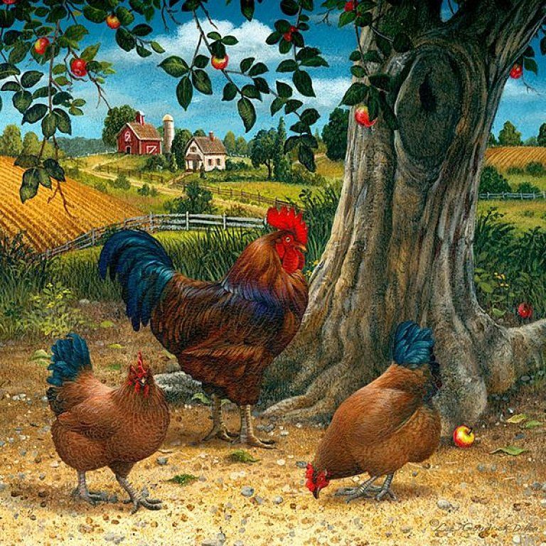 Folk art painting showing rooster and hens beneath apple tree on farm with red barn and wheat fields