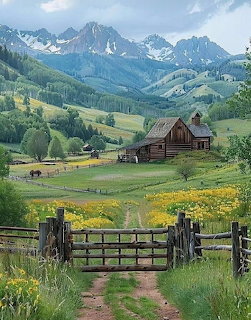 Wooden cottage in mountain valley with wildflowers and distant peaks