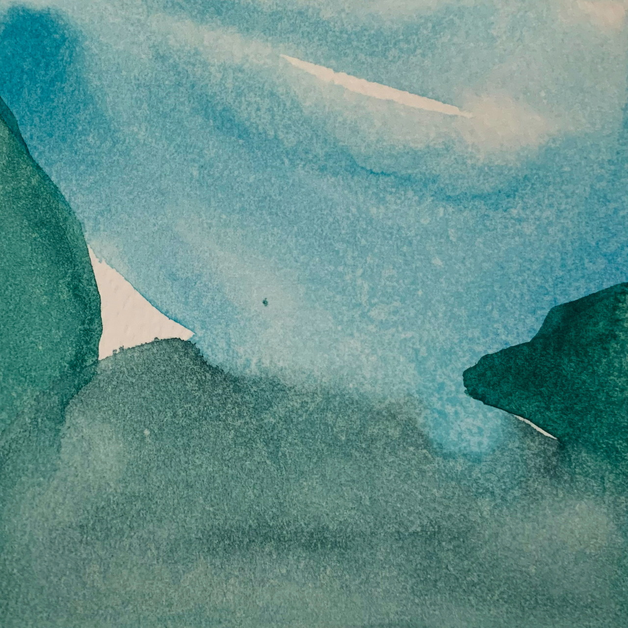 Abstract blue and green watercolor painting with coastal or island-like shapes