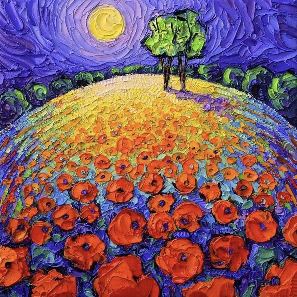 Painting of a moonlit poppy field with red flowers, two trees, and a swirling purple sky
