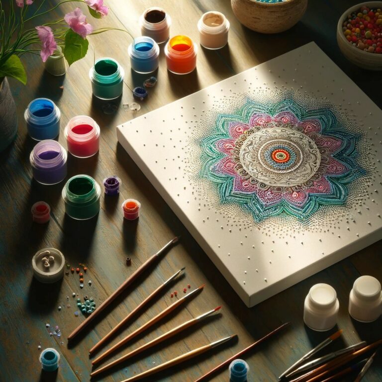 Intricate mandala drawing with rainbow paint bottles and brushes arranged on wooden work surface