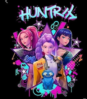 Three animated girls with colorful hair in punk style outfits surrounded by graffiti elements on black background