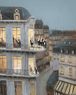 Painting of Parisian buildings at evening with people on balconies and warm lit windows