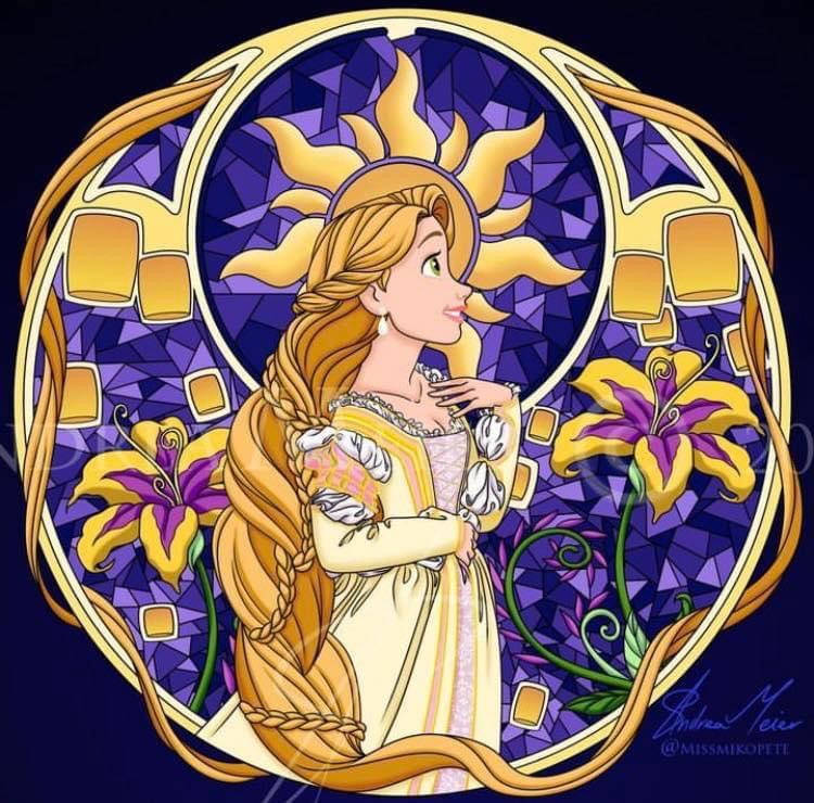 Stained glass artwork of Rapunzel with long blonde hair, sun motif, purple background, and golden floral border