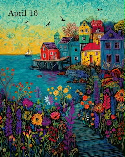 Colorful illustration of a seaside village with bright houses, flowers, a boardwalk, and a sailboat on the water