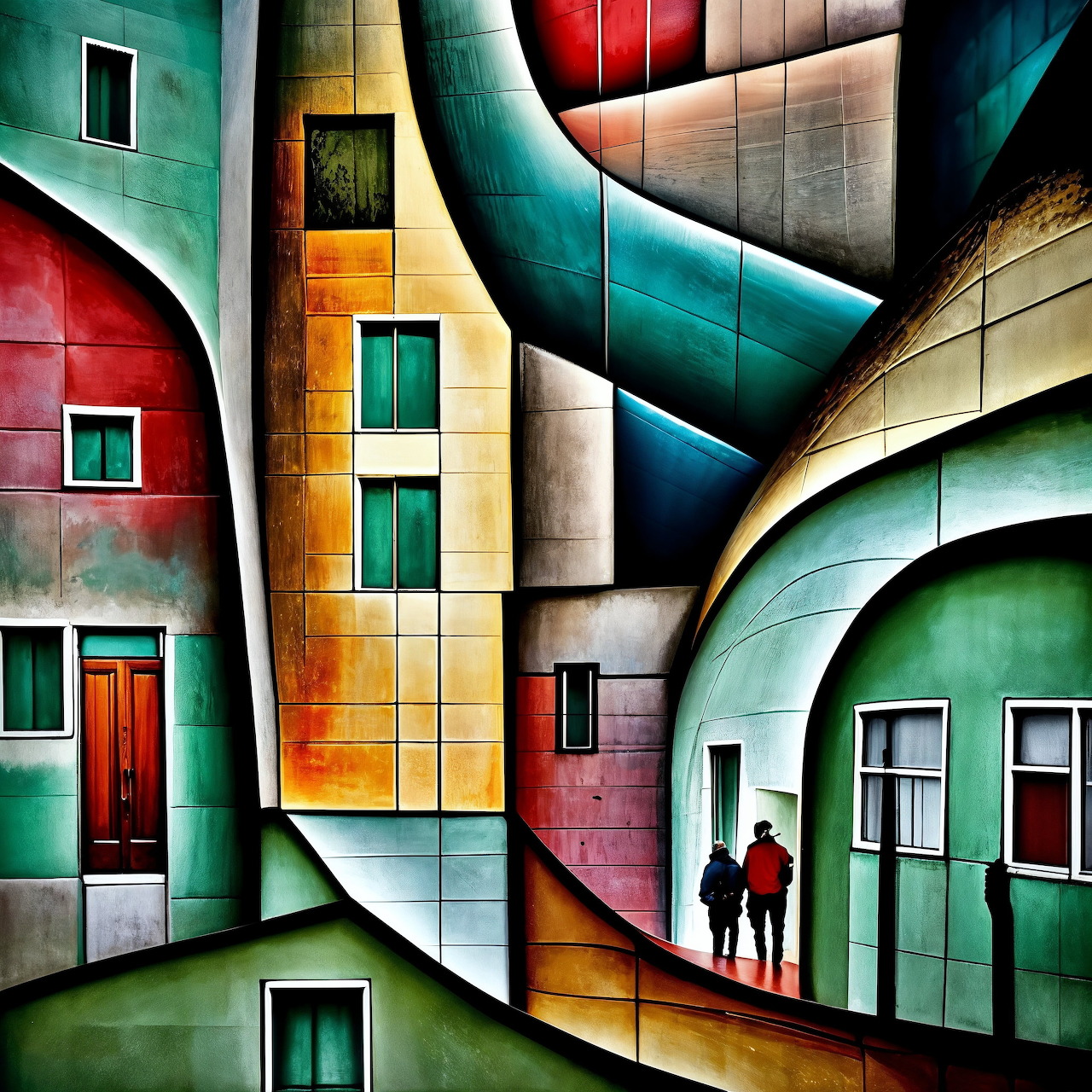 Abstract illustration of curved colorful buildings with geometric windows, doors, and two small human silhouettes