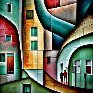 Abstract Curved Cityscape with Figures