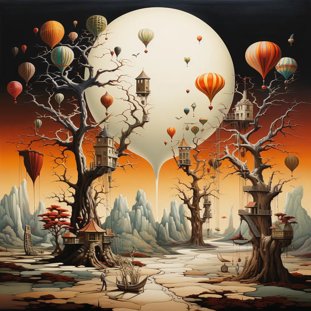 Surreal fantasy landscape with twisted trees, floating balloons, hanging houses, and large moon in orange sky