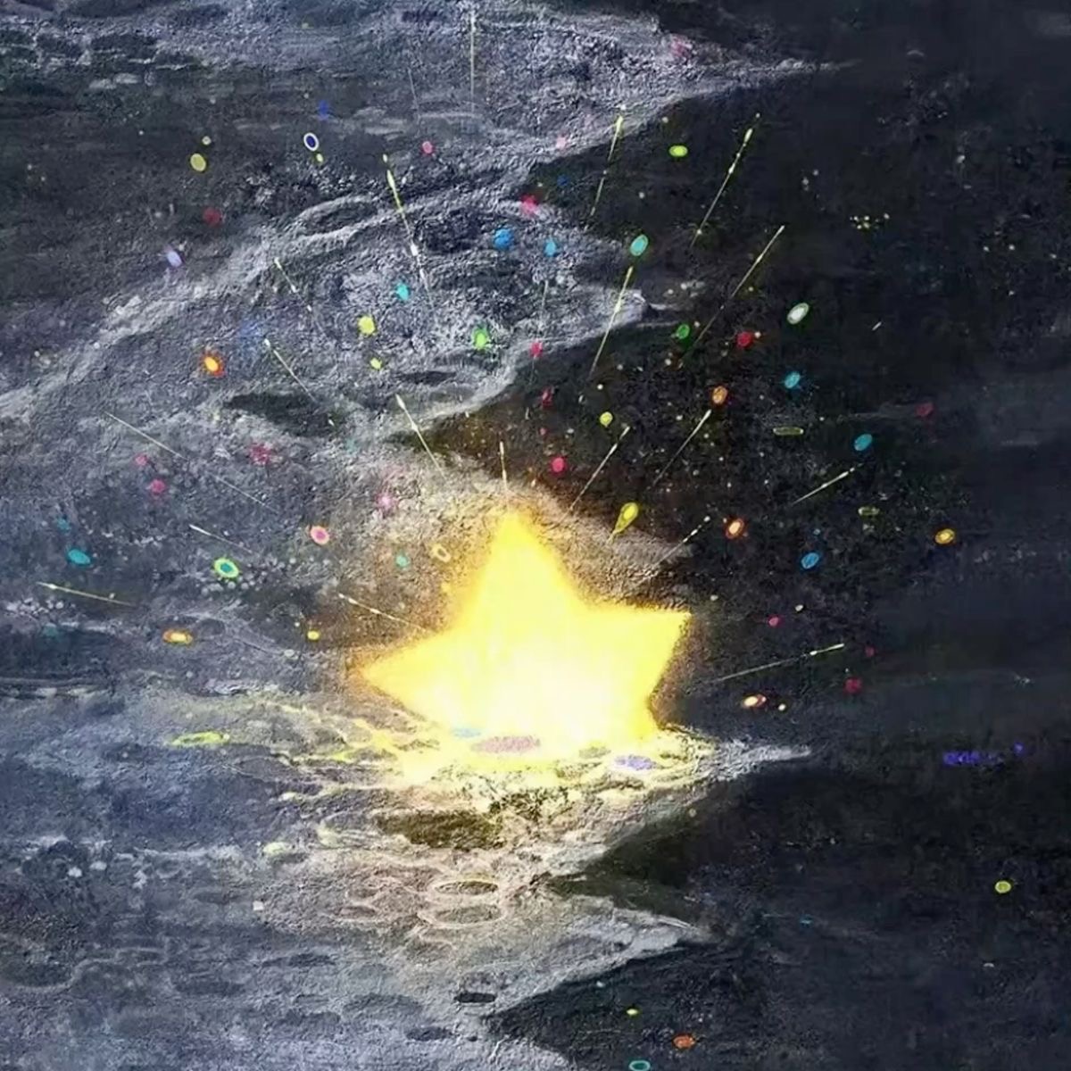 Abstract art showing bright golden light bursting from dark swirling cosmic ocean with scattered colorful stars