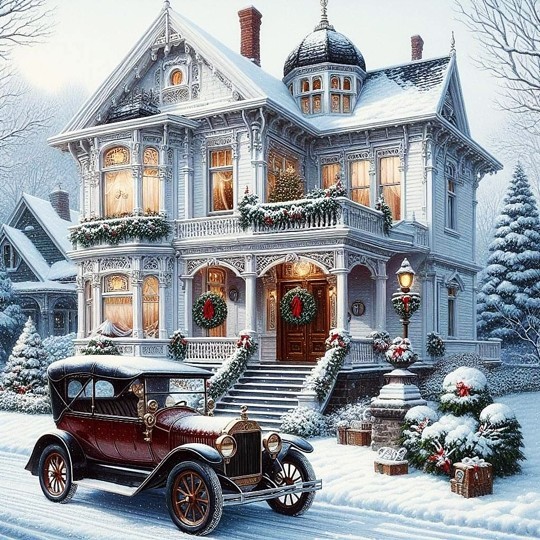 Snow-covered Victorian house with Christmas decorations and a vintage car parked in front