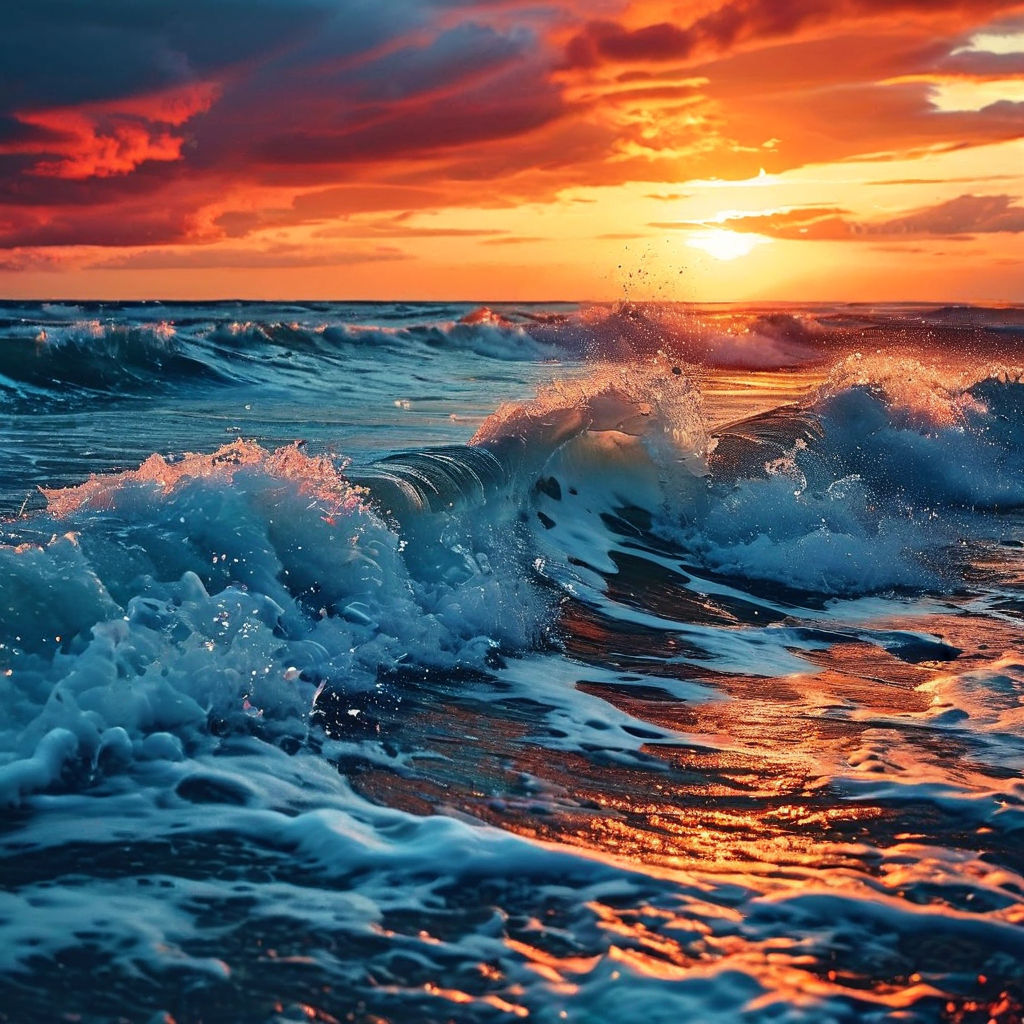 Powerful ocean waves at sunset with dramatic orange sky and turquoise water