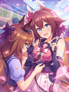 Two Umamusume anime horse girls with cherry blossom petals and colorful outfits