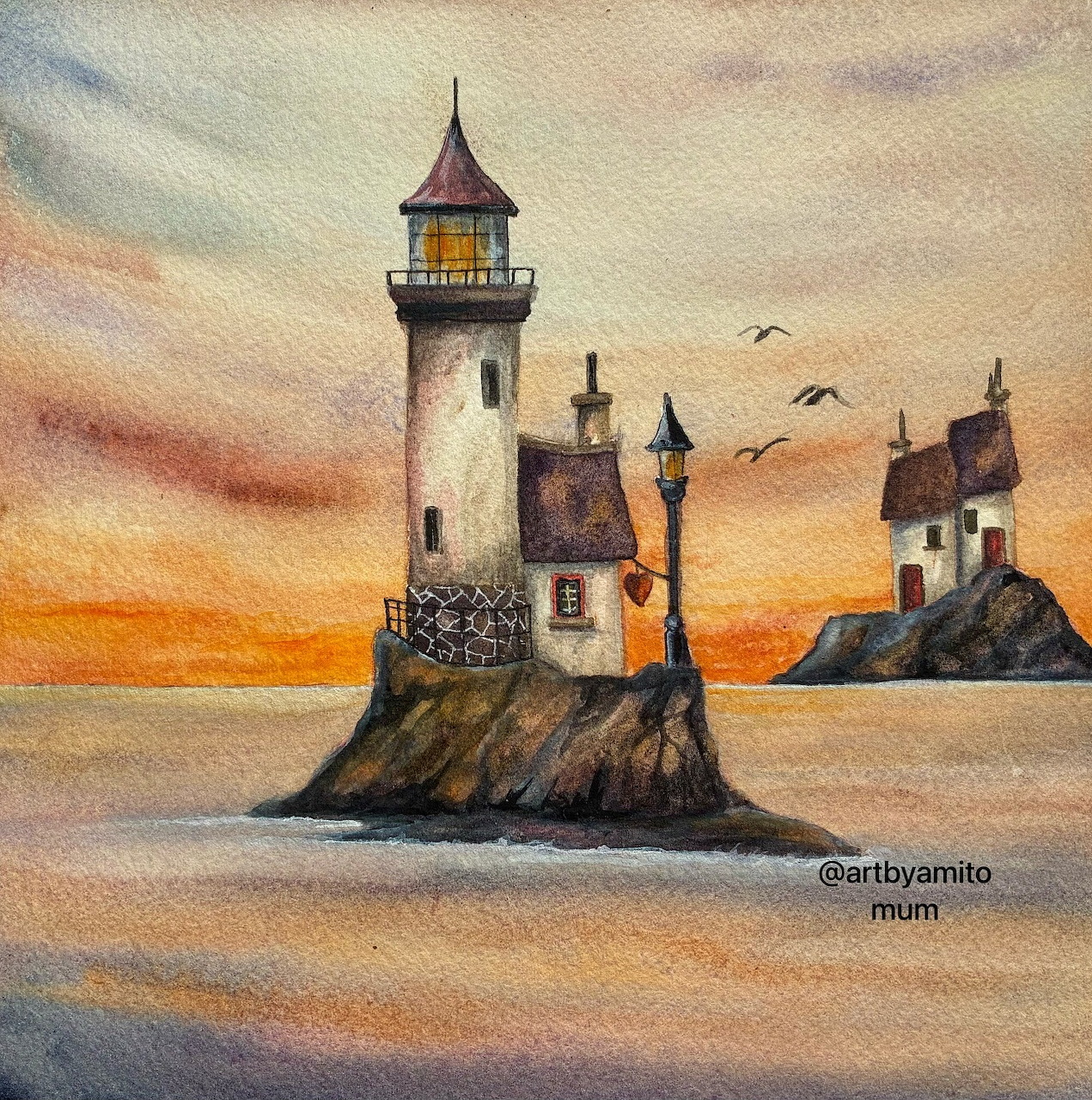 Painting of a lighthouse on rocky islets at sunset with calm sea and flying birds
