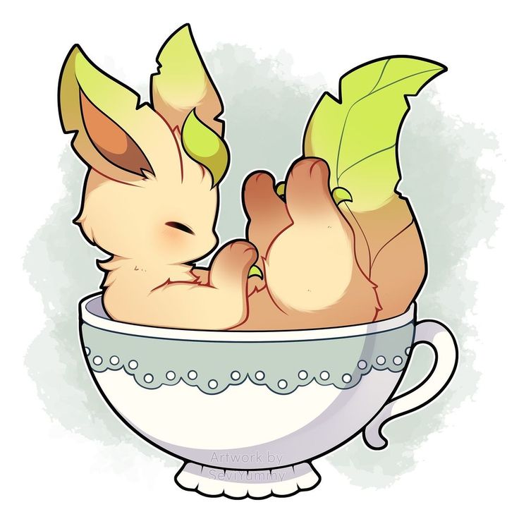 Cute Leafeon Pokemon resting in white teacup with leaf-like ears and tail