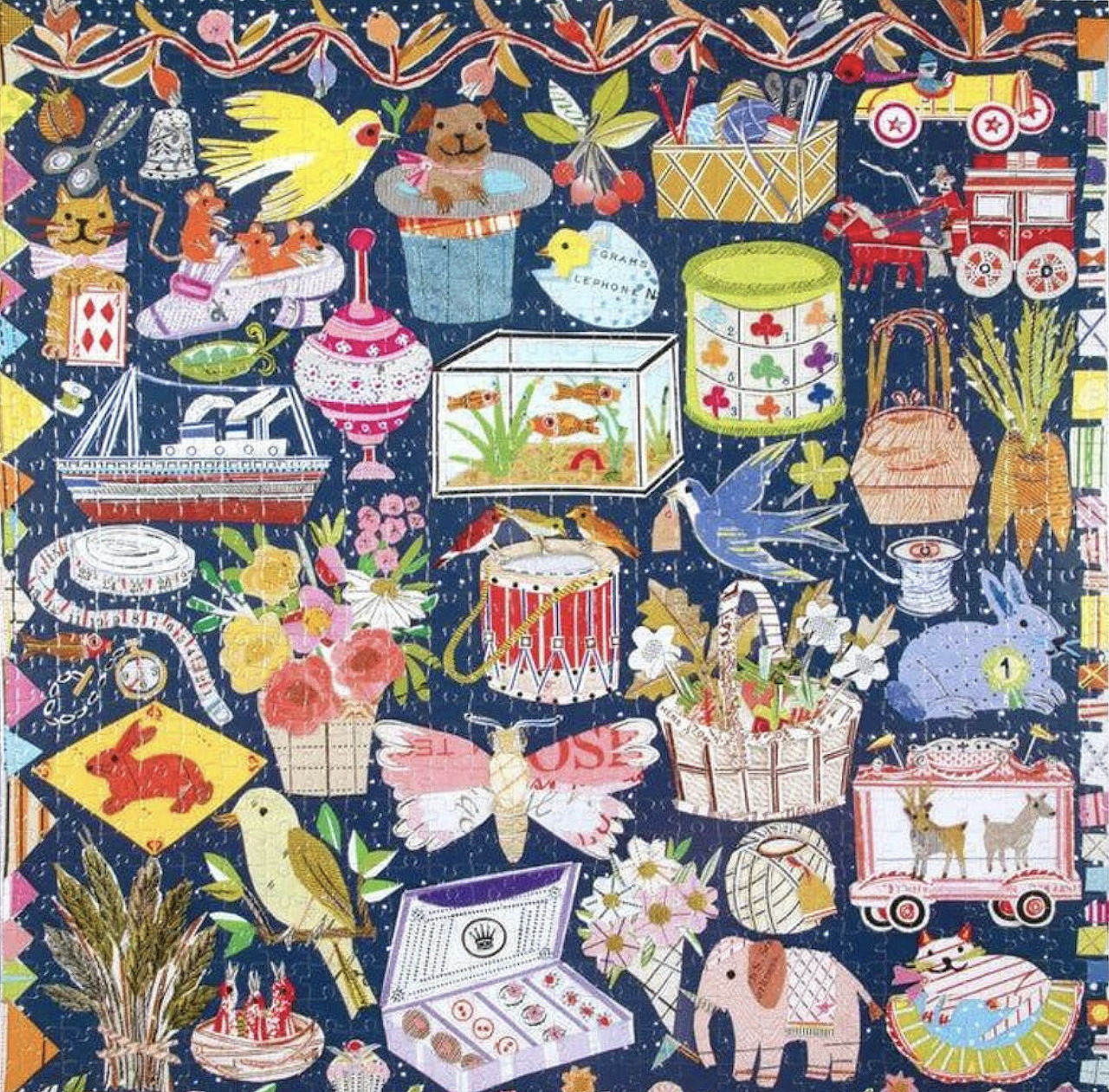 Dense collage of vintage sewing notions, spools, fabrics, and craft supplies with floral accents on dark blue background