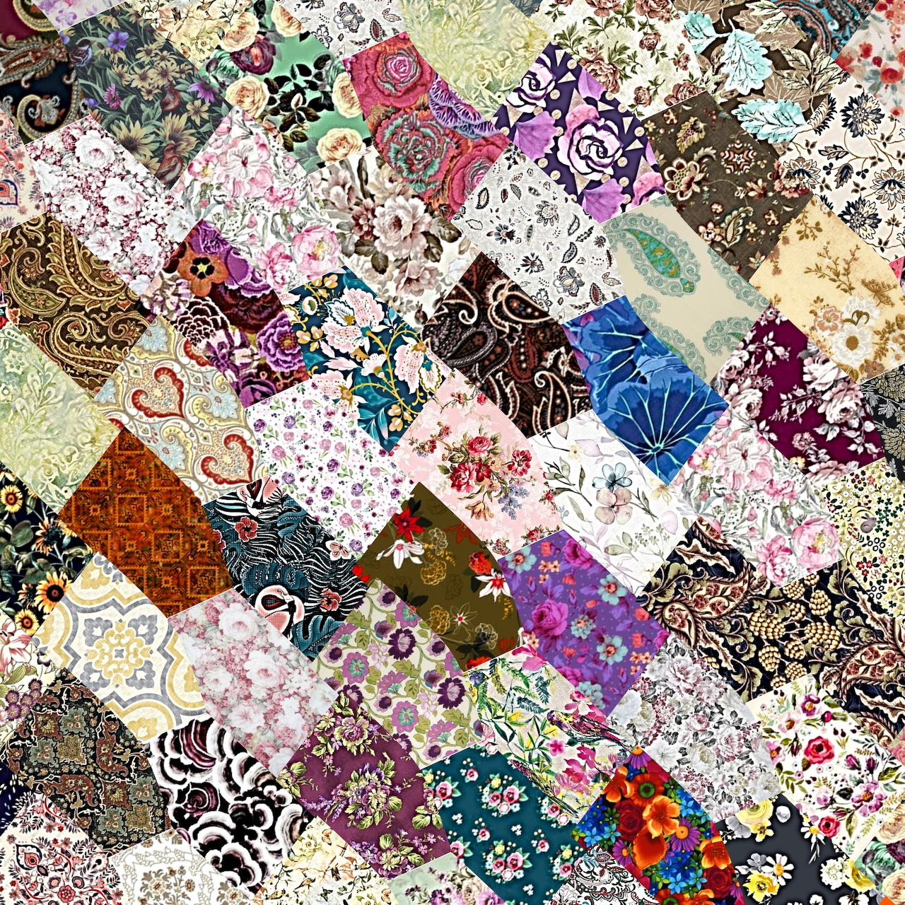 Diagonal patchwork quilt collage with multicolored fabric squares showing floral and geometric patterns