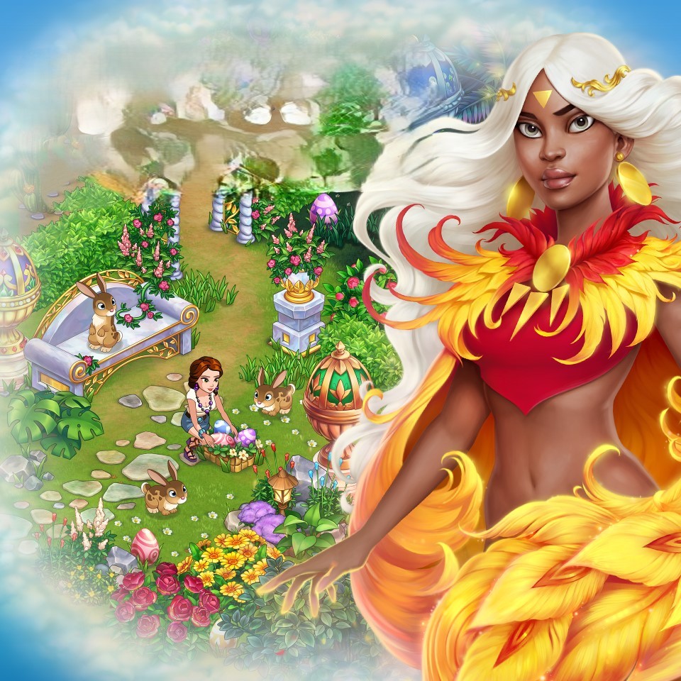 Fantasy goddess in flame costume with white hair above Easter garden with eggs, rabbits, and colorful flowers