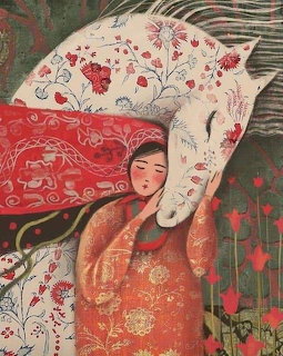 Illustration of a girl sleeping peacefully under floral patterned blankets with red flowers around her