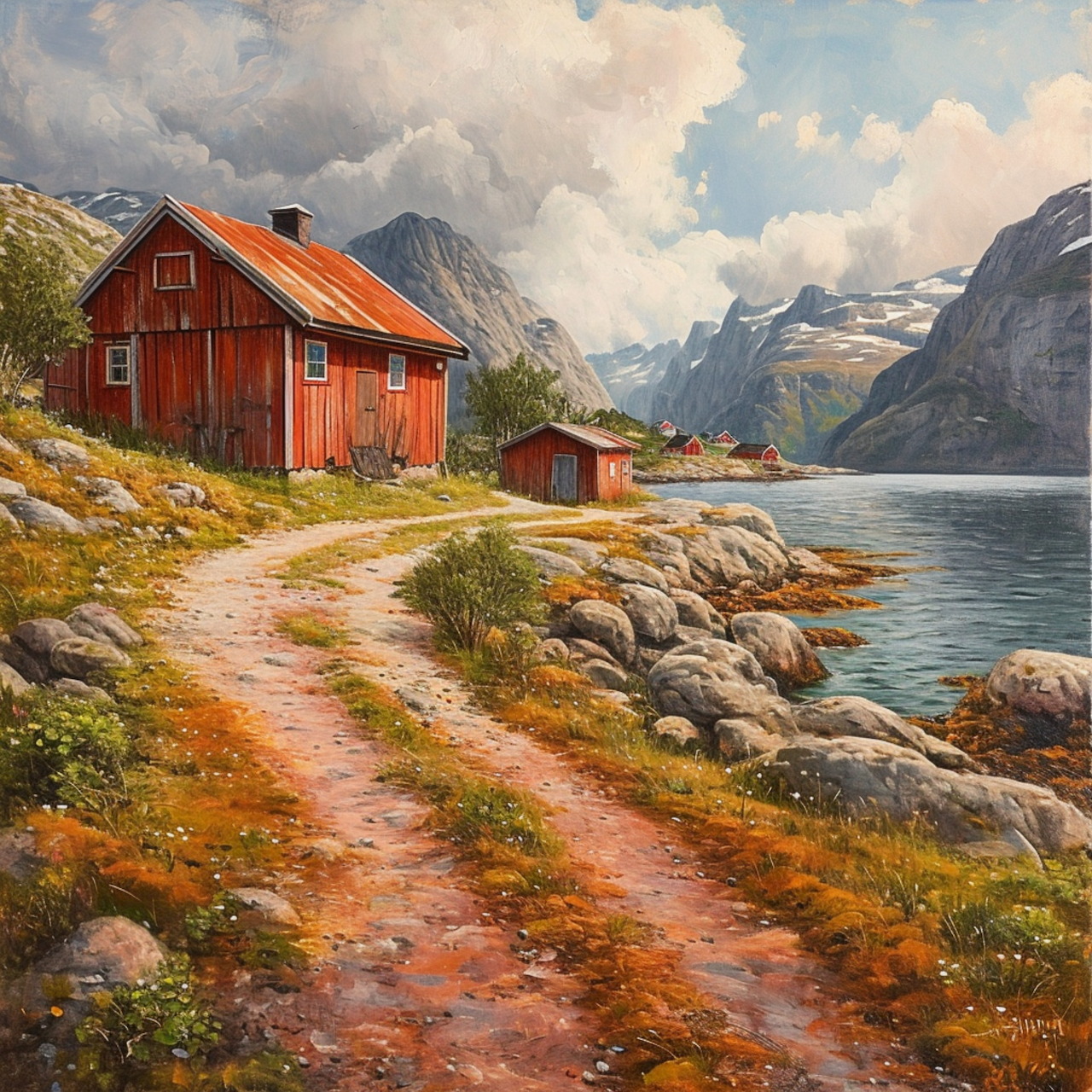 Painting of a red cottage by a fjord with a winding path, rocky shore, and mountains