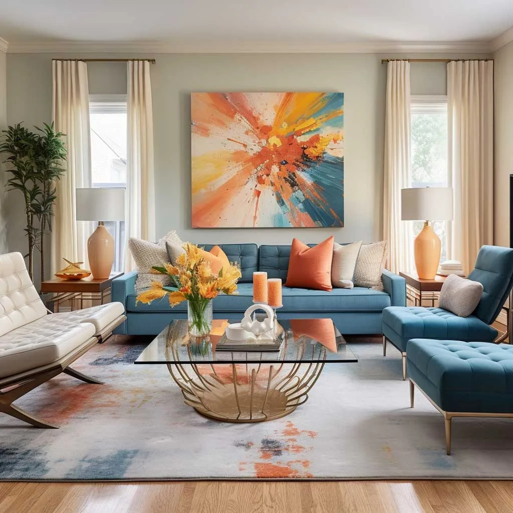 Modern living room with teal sofas, colorful abstract painting, gold coffee table, and natural light from windows