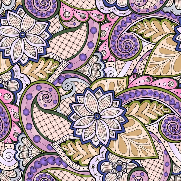 Ornate paisley and floral pattern with swirls in purple, pink, and gold tones